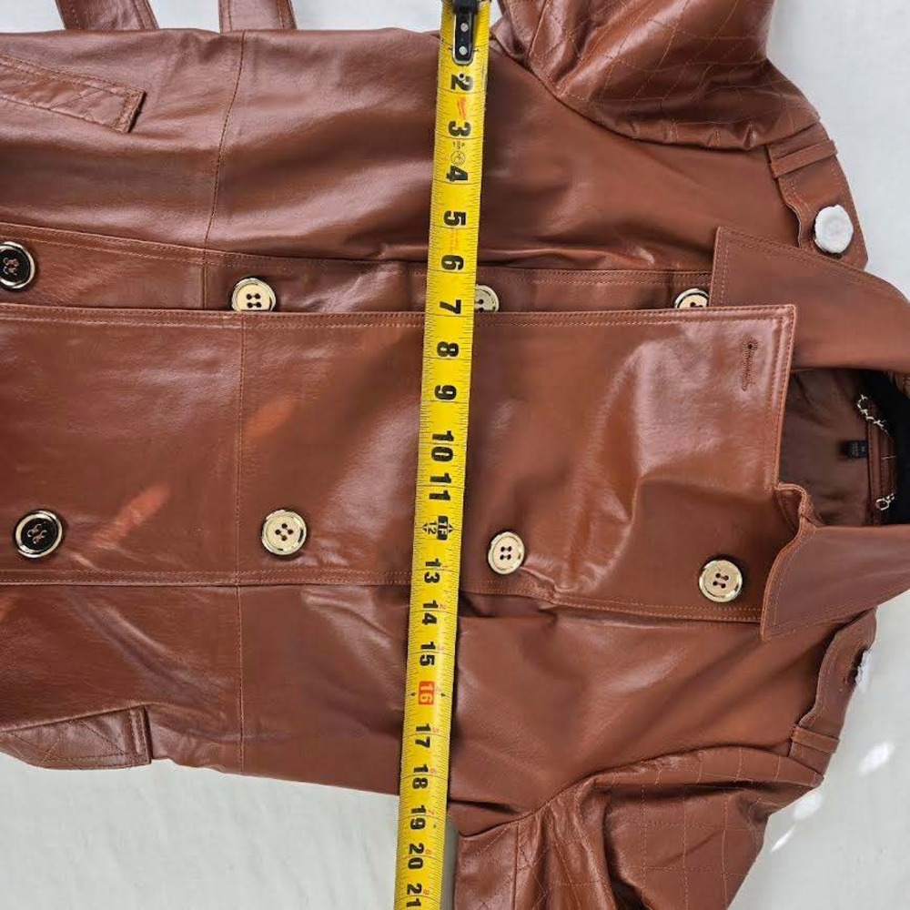 Women's Brown Leather Double-Breasted Trench Coat - Picture 8 of 11